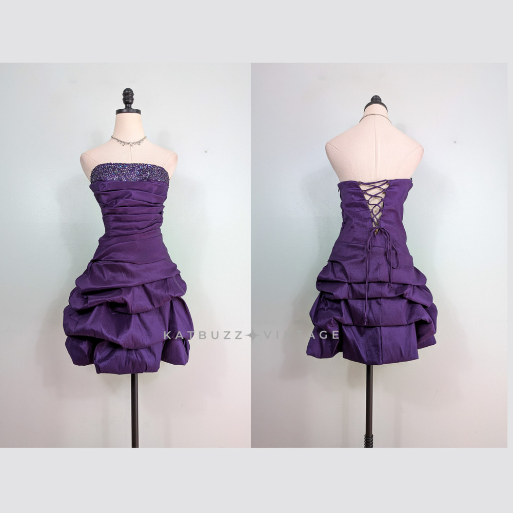 Vintage Prom Dress Mini Gown M Purple Corset Y2K Strapless Bubble Bead Glam Goth